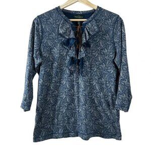Lauren Ralph‎ Lauren Women's Top Blue Paisley Cotton Boho 3/4 Sleeves Size M